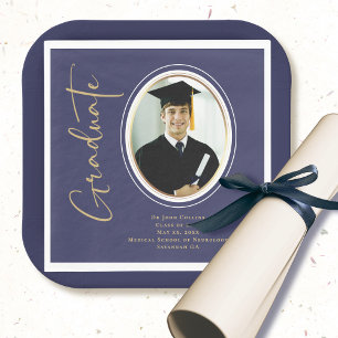 Navy Blue Photo Gold Graduation Script Minimal Napkin