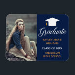 Navy Blue Photo Graduation Announcement Magnet<br><div class="desc">A classy custom photograph graduation announcement magnet in navy blue and gold for a high school, college, or university from the class of 2024. Customize with your school name and graduating class under the lovely calligraphy for a great personalized graduate photo magnet with your senior portrait.</div>