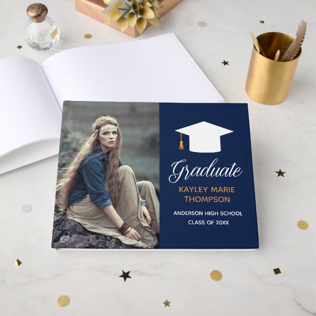 Navy Blue Photo Graduation Party Autograph Guest Book (Front Open)