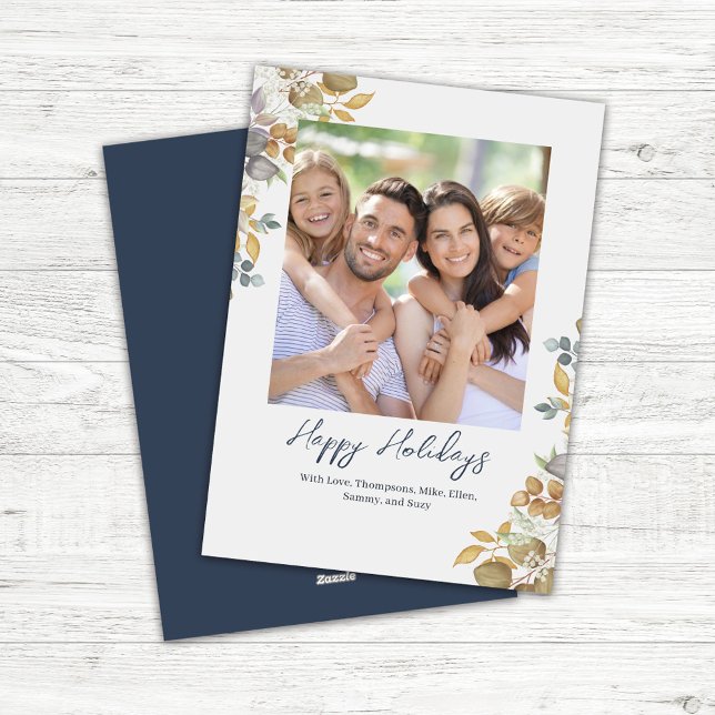 Navy Blue Photo Happy Holidays Greenery Holiday Card (Navy blue greenery and foliage custom photo Christmas Card)
