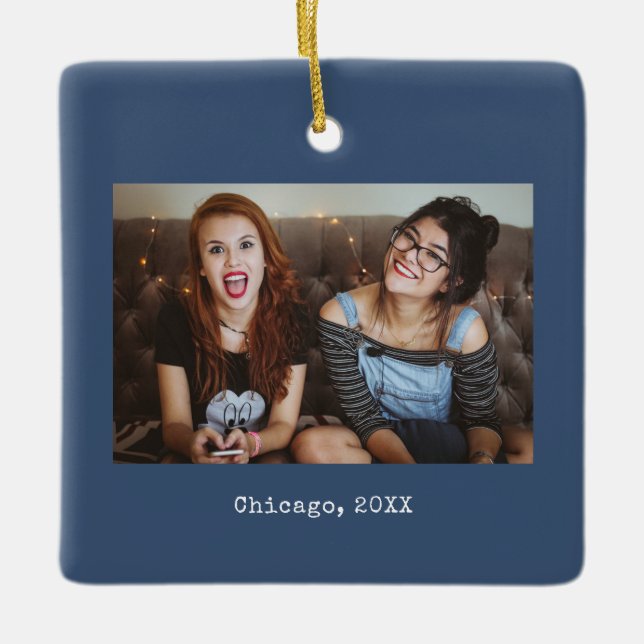 Navy Blue Photo Keepsake Christmas Ceramic Ornament (Front)