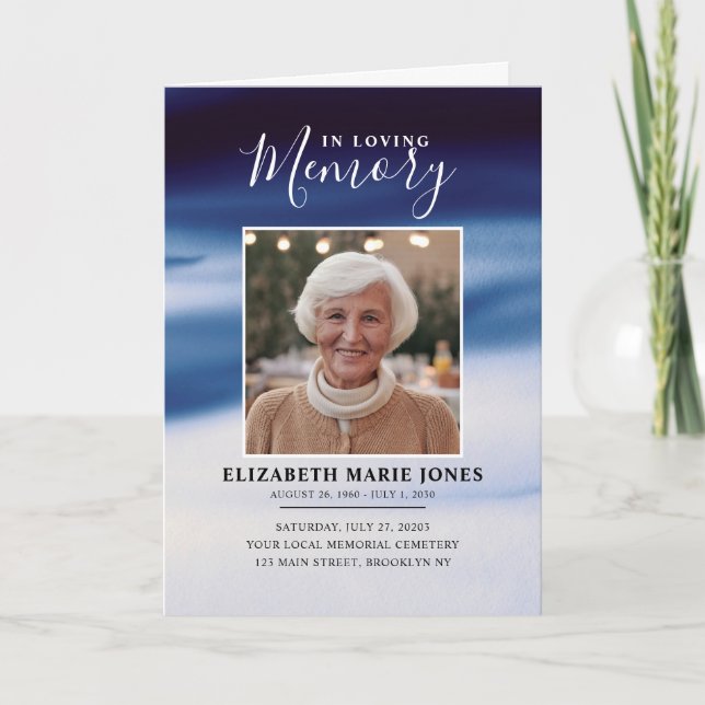Navy Blue Photo Memorial Funeral In Loving Memory Program (Front)