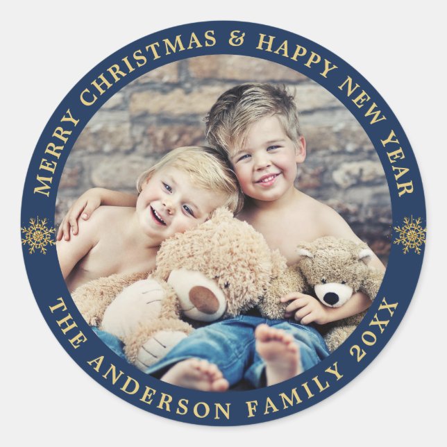 Navy Blue Photo Merry Christmas Holiday PHOTO Classic Round Sticker (Front)