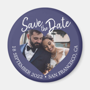 Navy Blue Photo Modern Script Save the Date Magnet