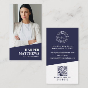 Navy Blue Photo QR Code Logo Vertical Business Card