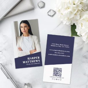 Navy Blue Photo QR Code Vertical Business Card