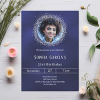Navy blue photo silver glitter birthday