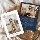 Navy Blue Photo Wedding Elegant Thank You Card<br><div class="desc">Introducing our Modern Script Simple Photo Wedding Thank You Card: Elevate your gratitude with our elegant thank you cards featuring modern script and your favourite wedding photo. These cards offer a stylish and minimalist design that perfectly complements any wedding aesthetic. Personalize them with a heartfelt message of appreciation to convey...</div>