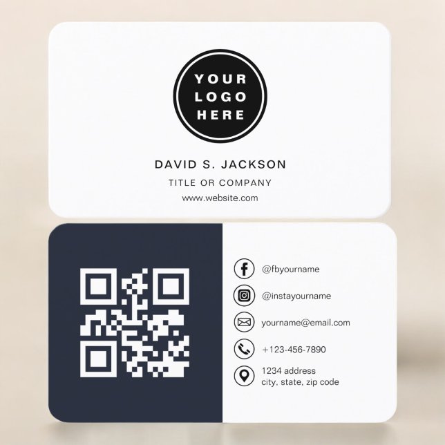 Navy Blue Photo with QR Code Social Media Business Card (Creator Uploaded)