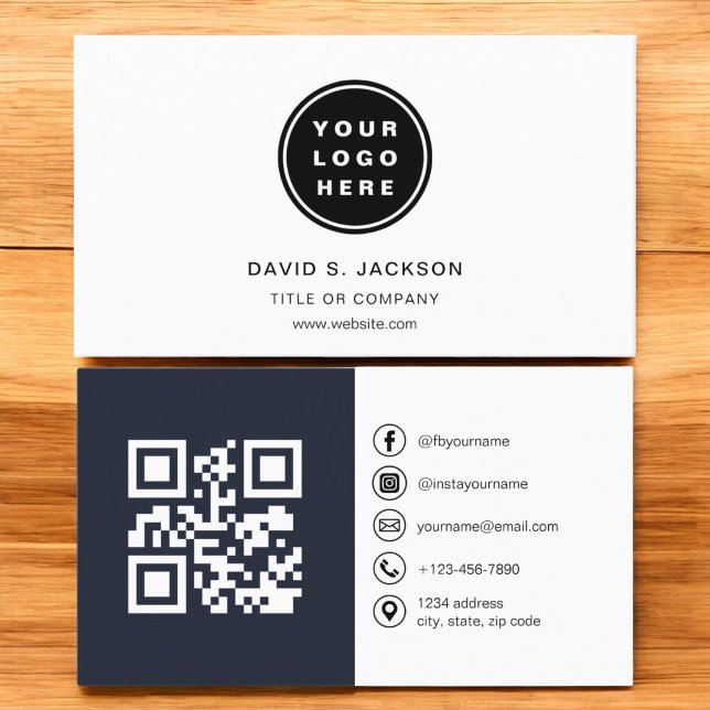 Navy Blue Photo with QR Code Social Media Business Card (Creator Uploaded)