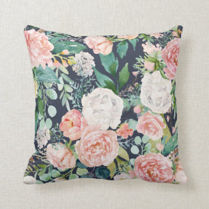 Navy Blue Pillow with Pink and White Florals