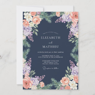 Navy Blue Pine Rose Midnight Wedding Invitation