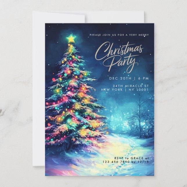 Navy Blue Pine Tree Colourful Christmas Tree Invitation (Front)