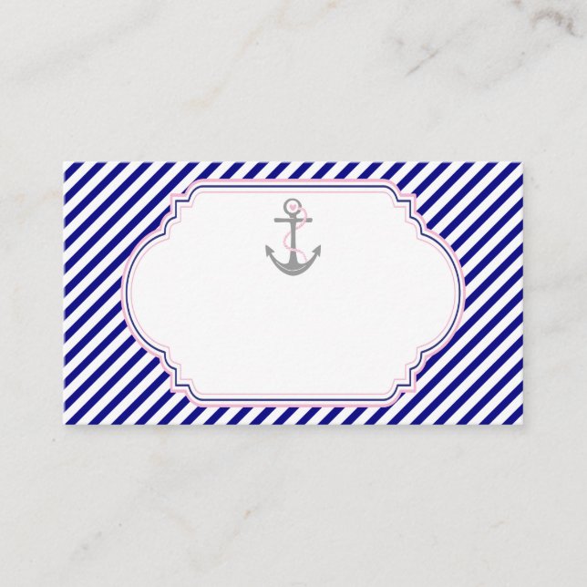 Navy blue, pink anchor nautical wedding place card (Front)
