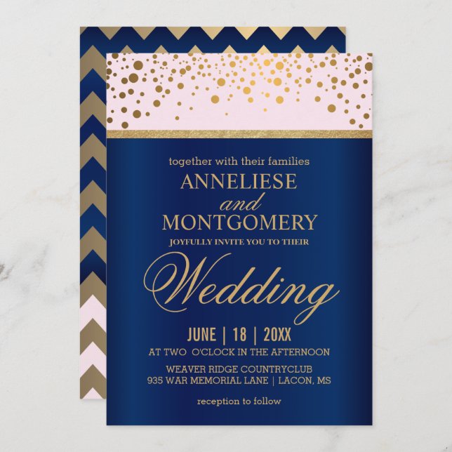 Navy Blue, Pink and Gold  Confetti Wedding Invitation (Front/Back)