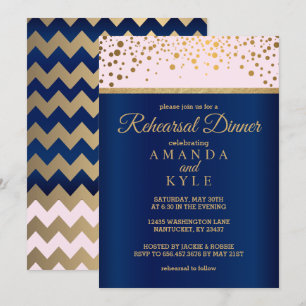 Navy Blue, Pink and Gold - Rehearsal Dinner Invitation