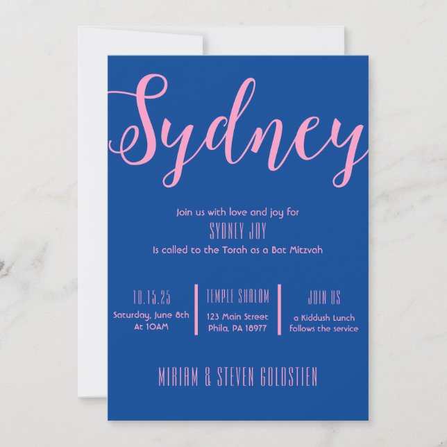 Navy Blue & Pink Bat Bar Mitzvah Party Invitation (Front)