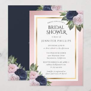 Navy Blue Pink Blush Gold Floral Bridal Shower Invitation