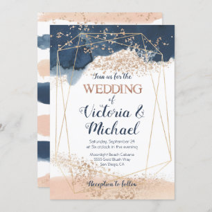 Navy Blue Pink Blush Gold Wedding Invitation