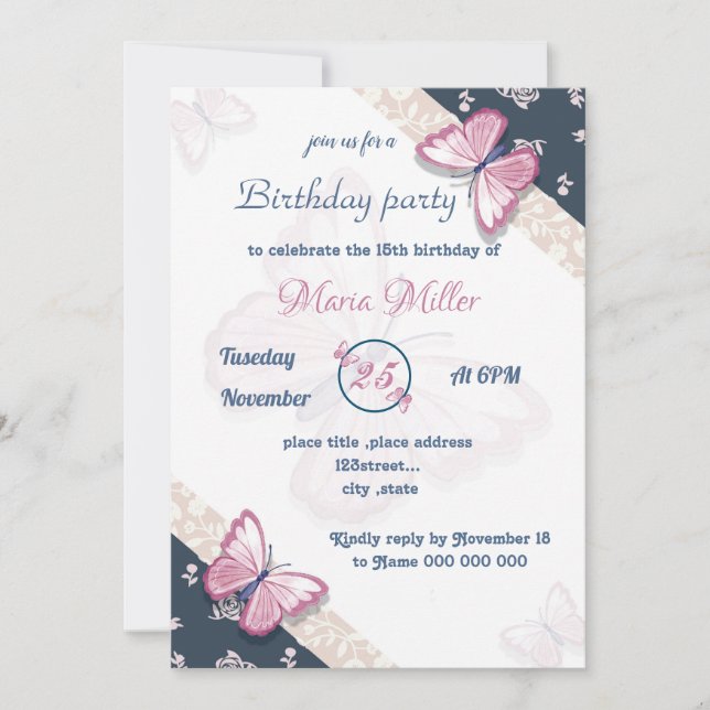 navy blue pink butterflies birthday party (Front)