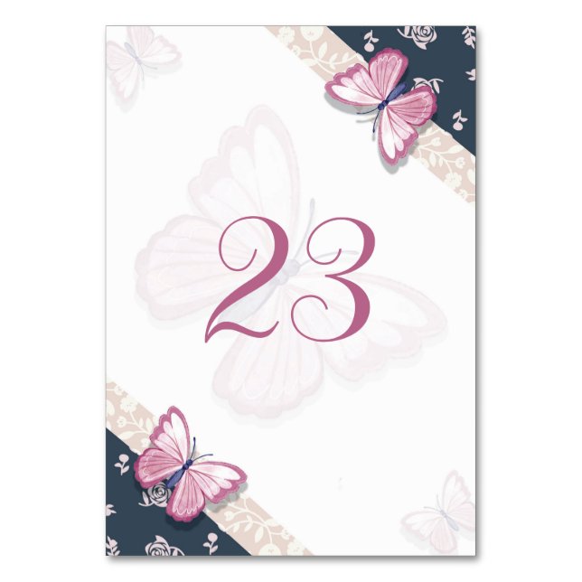 navy blue pink butterflies floral table number (Front)