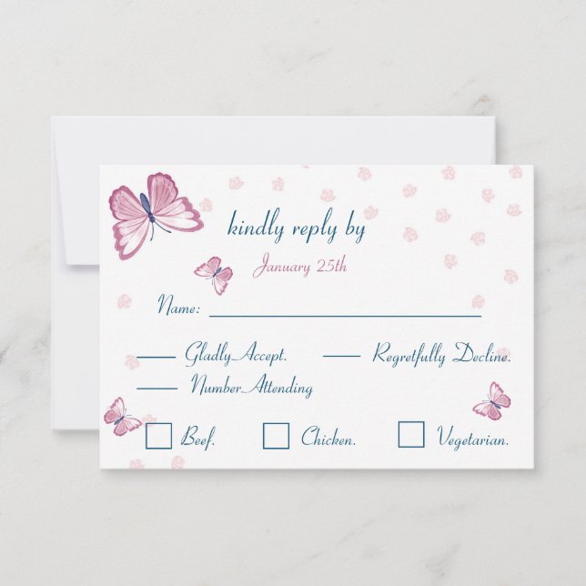 navy blue pink butterflies response card RSVP (Front)