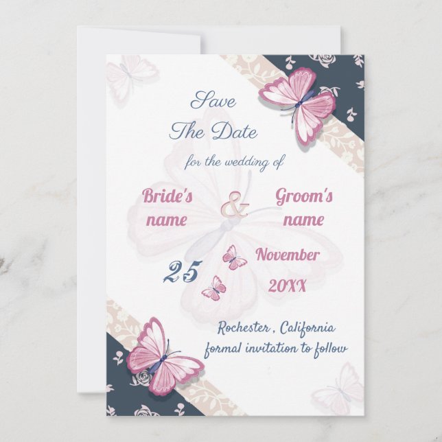 navy blue pink butterflies save the date (Front)