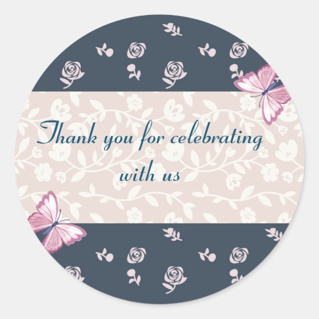 navy blue pink butterflies thank you classic round sticker (Front)