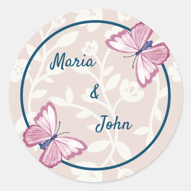 navy blue pink butterfly floral round stickers (Front)