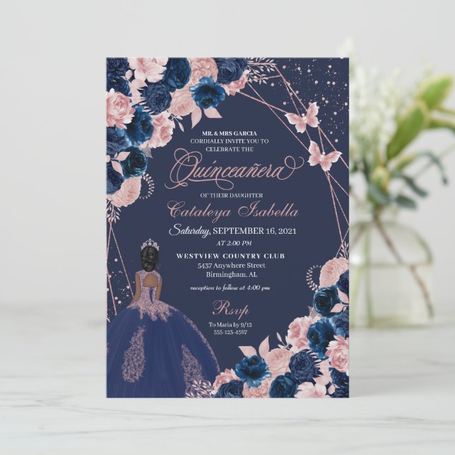Navy Blue & Pink Butterfly Princess Quinceanera Invitation (Standing Front)