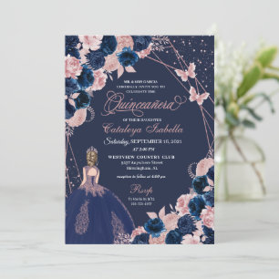 Navy Blue & Pink Butterfly Princess Quinceanera Invitation