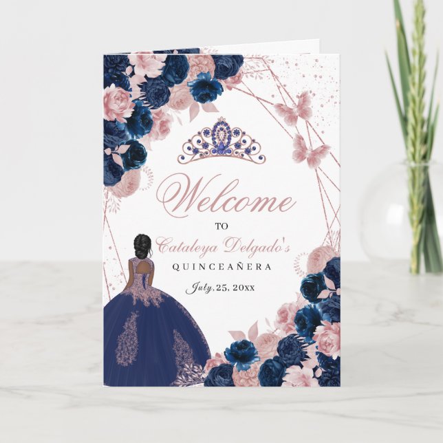 Navy Blue & Pink Butterfly Quinceanera Program (Front)