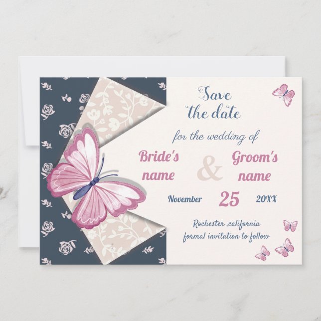 navy blue pink butterfly save the date invitation (Front)