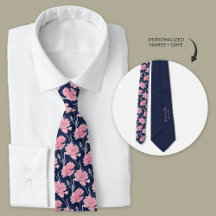 Navy Blue Pink Carnation Wedding Neck Tie
