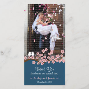 Navy Blue & Pink Cherry Blossom Photo Thank You Card