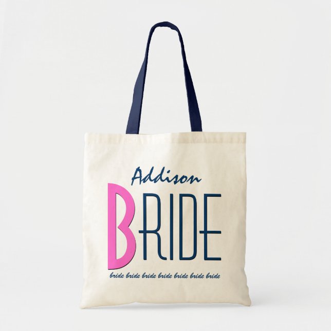 Navy Blue Pink Custom Name Personalized Bride V12A Tote Bag (Front)