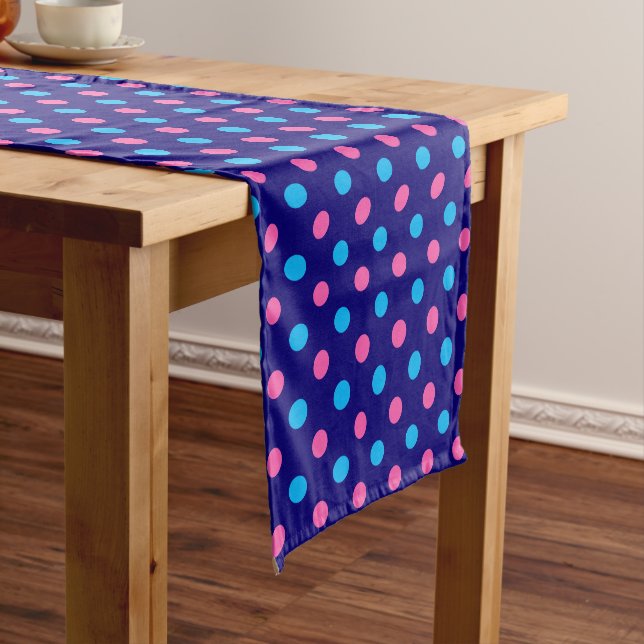 Navy Blue Pink Cyan Polka Dot Pattern Short Table Runner (In Situ)