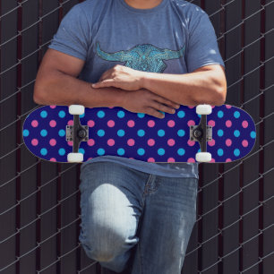 Navy Blue Pink Cyan Polka Dot Pattern Skateboard