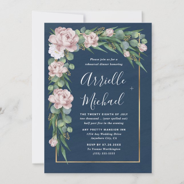 Navy Blue Pink Dusty Rose Gold Rehearsal Dinner Invitation (Front)