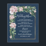 Navy Blue Pink Dusty Rose Gold Wedding Menu Cards<br><div class="desc">Features a spray of silver dollar and seeded eucalyptus over a navy blue watercolor wash background with a gold border. Design also features elegant floral elements of roses and peonies in dusty rose or blush pink for a unique look. NOTE: This product is best sized at 4.5" x 5.6" or...</div>