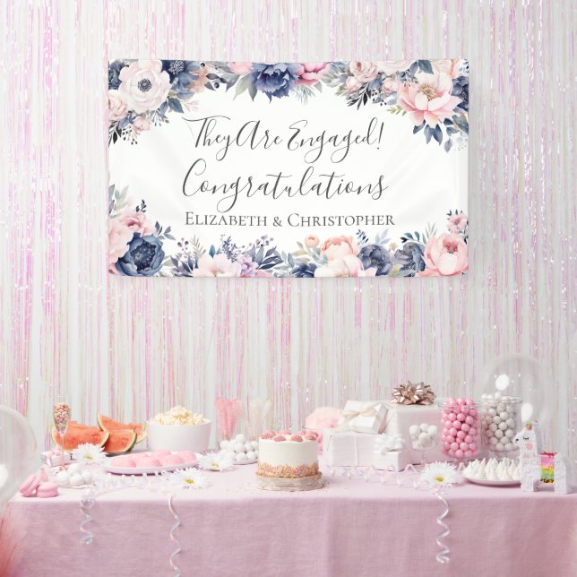Navy Blue Pink Floral Botanical Engagement Banner (Party)