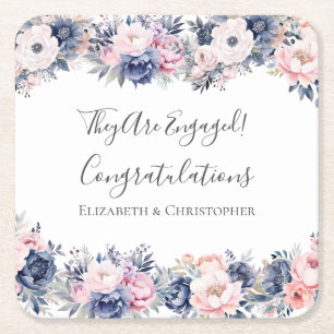Navy Blue Pink Floral Botanical Engagement Party Square Paper Coaster