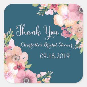 Navy Blue Pink Floral Bridal Shower Square Sticker