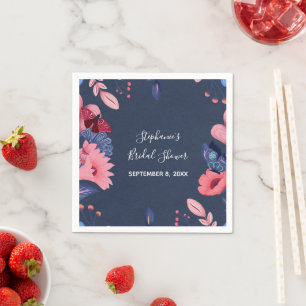 Navy Blue Pink Floral Butterflies Bridal Shower Napkin