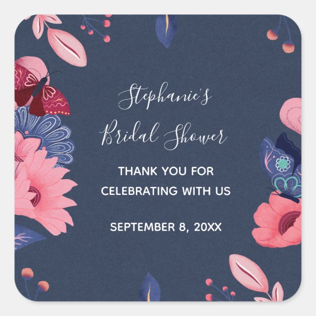 Navy Blue Pink Floral Butterflies Bridal Shower  Square Sticker (Front)