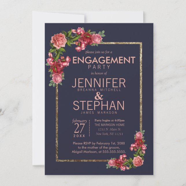 Navy Blue Pink Floral Gold Engagement Party Invitation (Front)