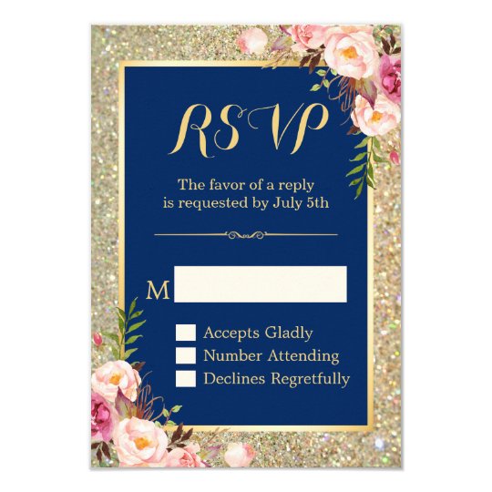 Navy Blue Pink Floral Gold Glitter Sparkling RSVP Card