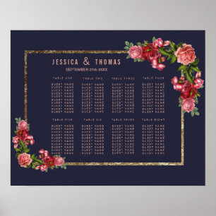 Navy Blue Pink Floral Gold Seating Chart