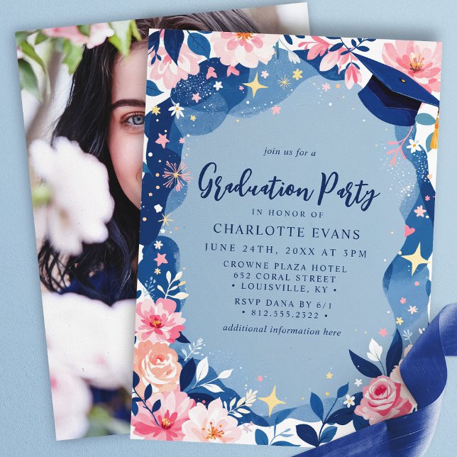 Navy Blue Pink Floral Graduation Party Invite (Creator Uploaded)