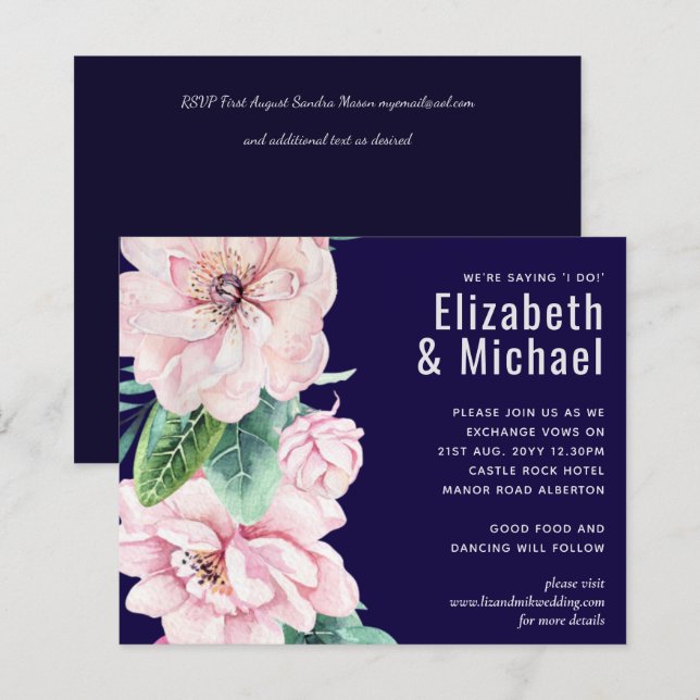 Navy Blue Pink Floral Modern Wedding Budget (Front/Back)